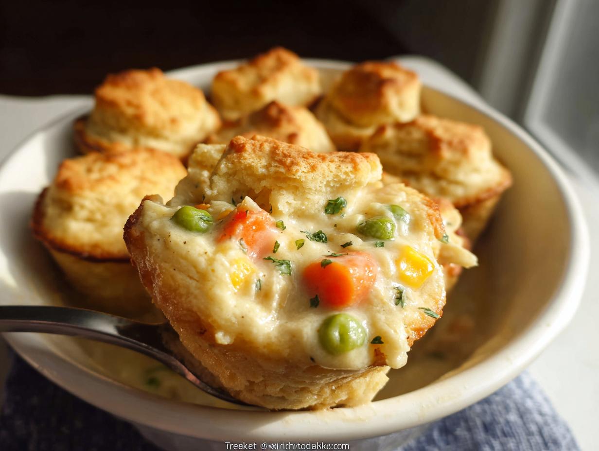 A spoonful of creamy filling scooped from one of the Mini Chicken Pot Pies in Crockpot, showing peas and carrots.