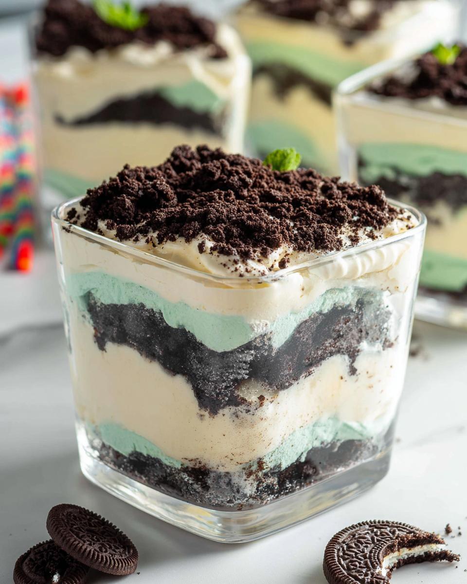 Close-up of a layered Mint Oreo Dirt Cake in a square glass, topped with crushed cookies and mint.