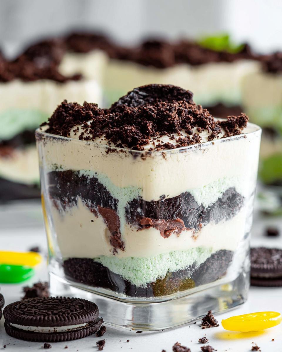 Close-up of a single serving of Mint Oreo Dirt Cake layered with cream, mint filling, and crushed chocolate cookies.