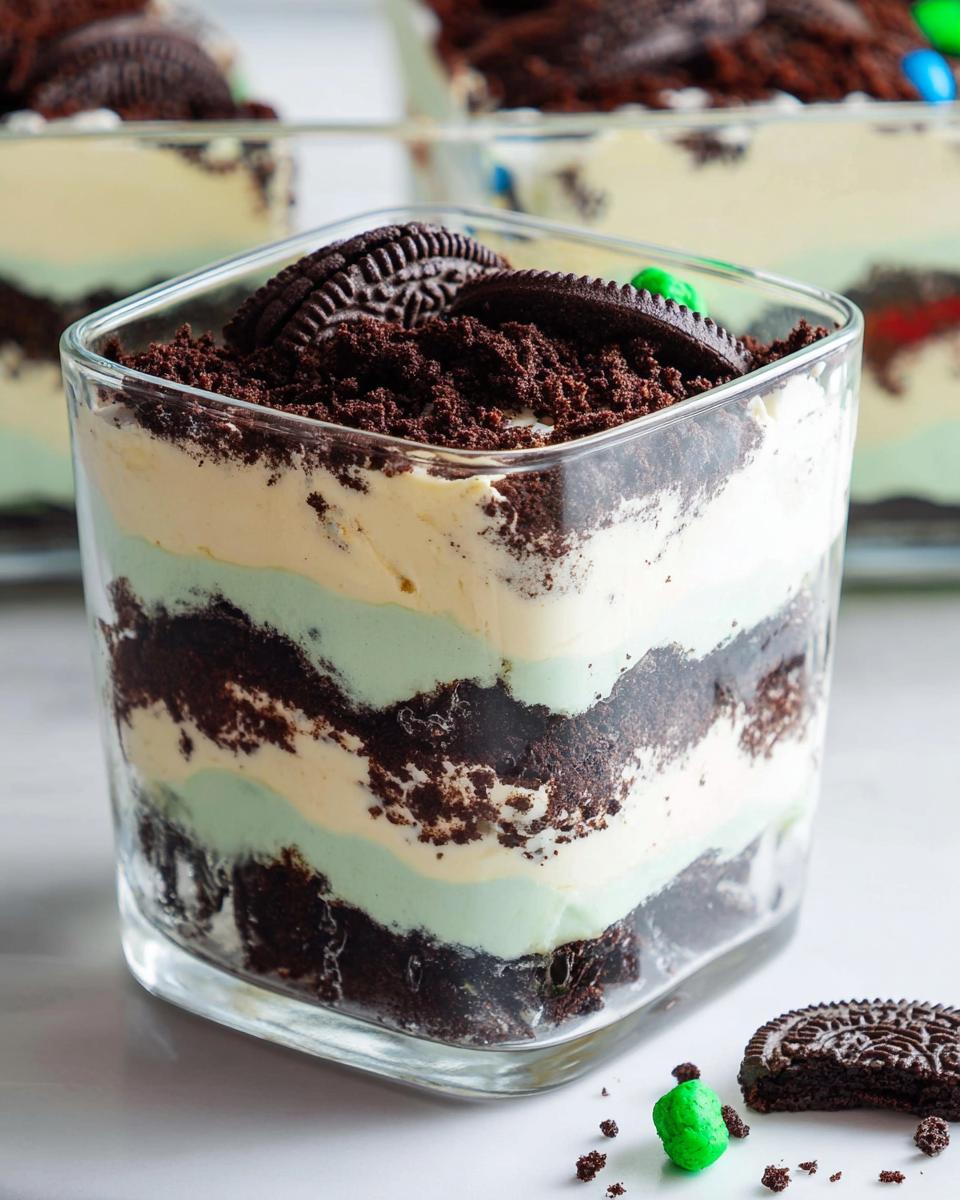Close-up of a layered Mint Oreo Dirt Cake served in a square glass, topped with cookie crumbs and a whole Oreo.
