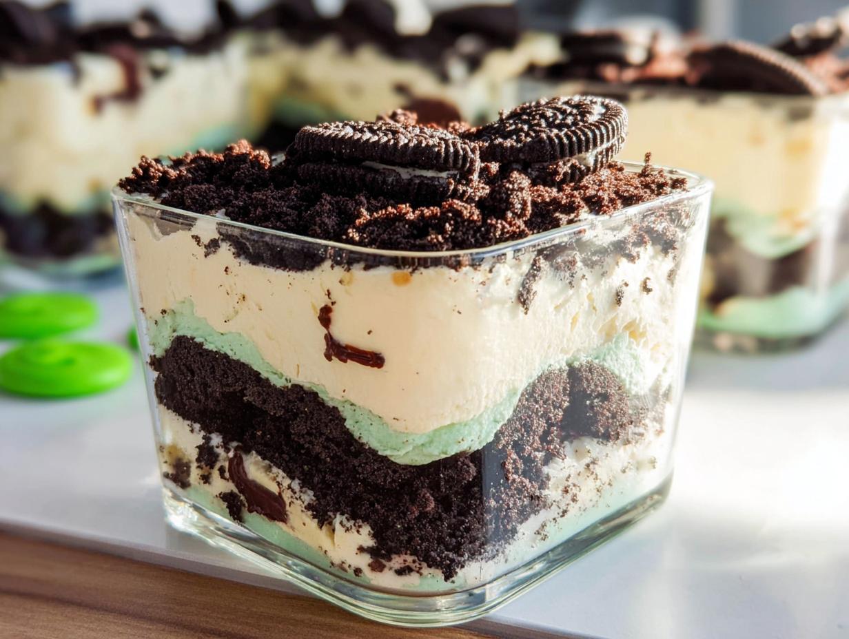 Close-up of an individual serving of Mint Oreo Dirt Cake layered with cream, mint filling, and crushed cookies.
