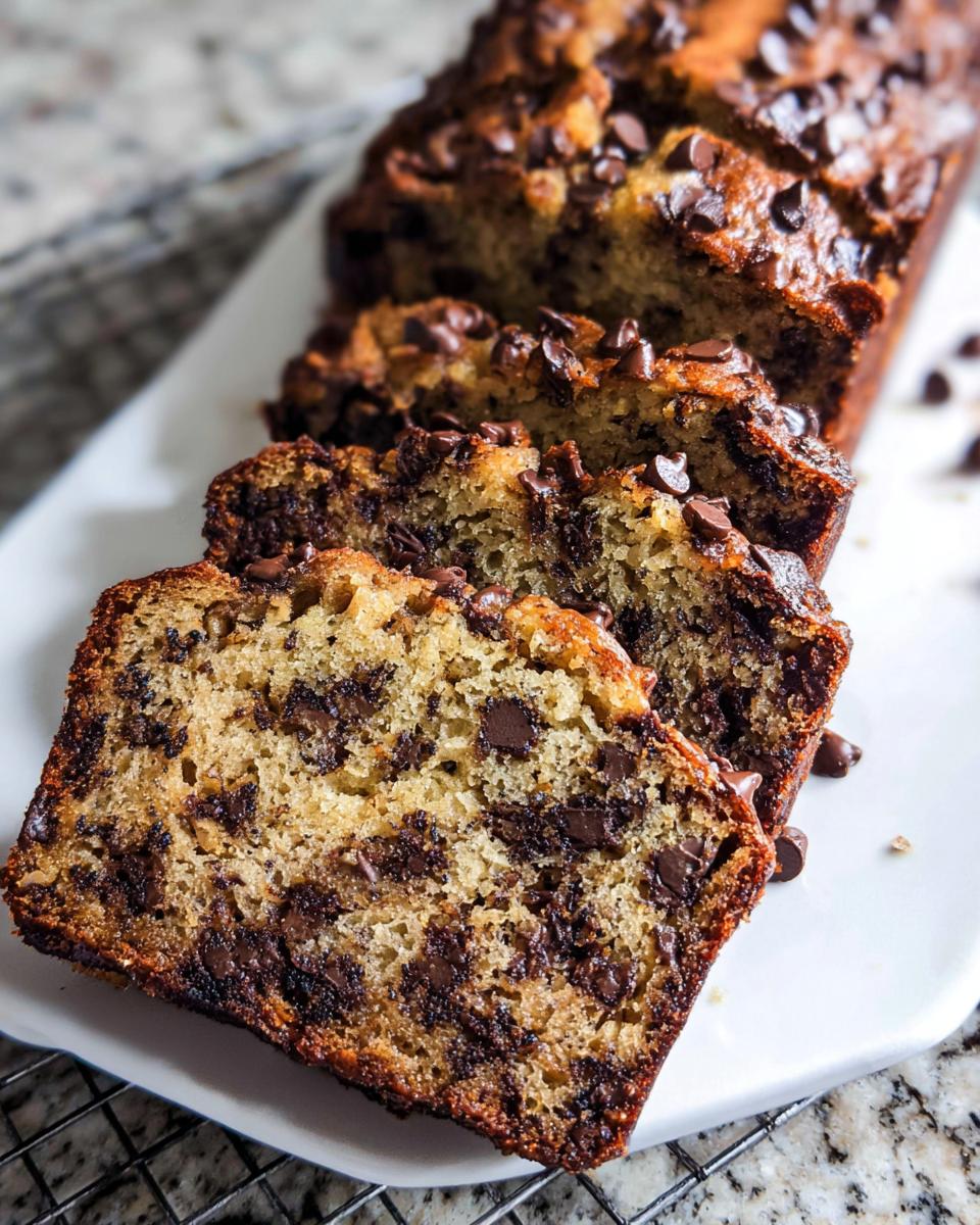 Close-up of thick slices of moist Chocolate Chip Banana Bread loaded with melted chocolate chips.