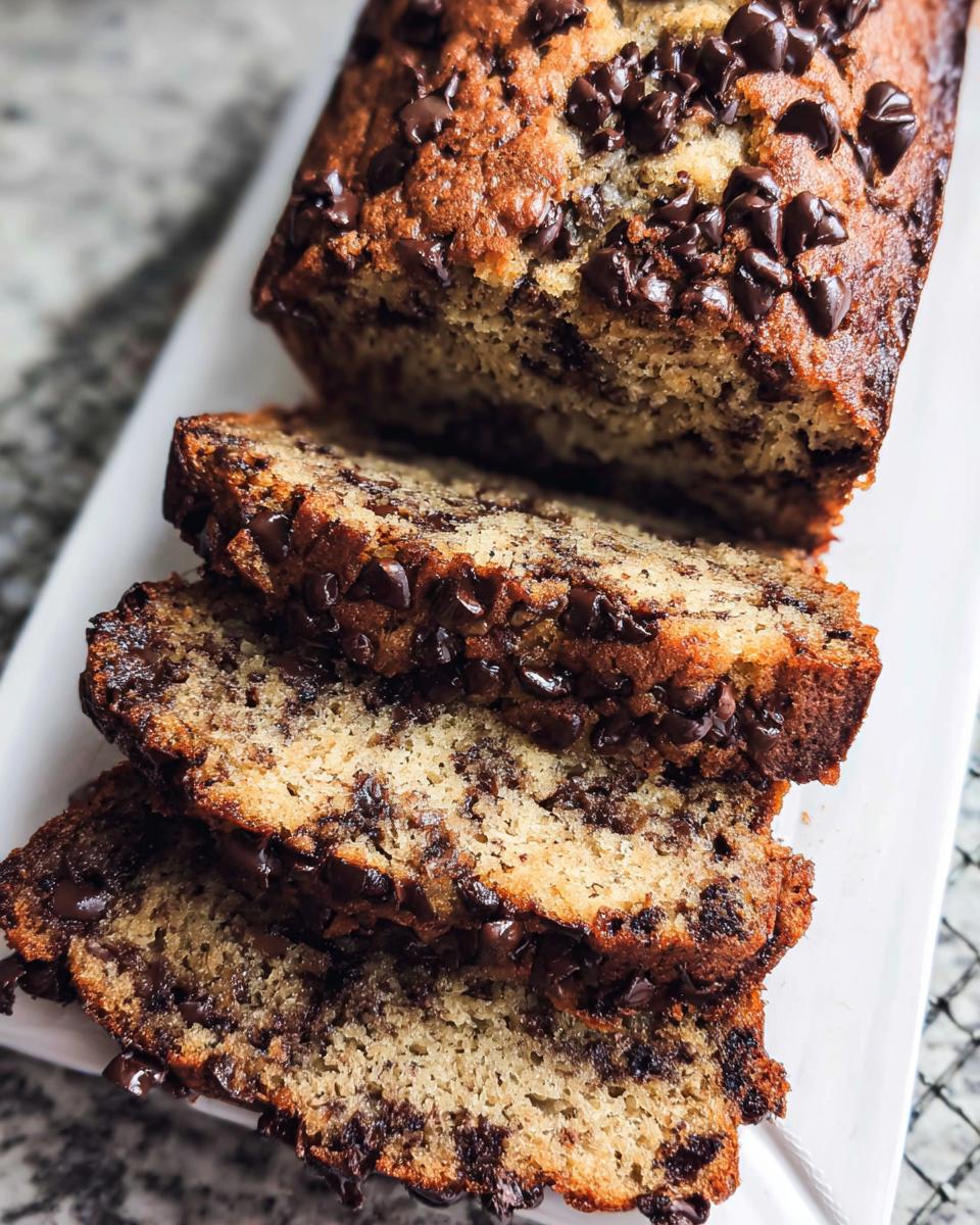 Close-up of a loaf of Chocolate Chip Banana Bread, partially sliced, showing moist texture and melted chips.