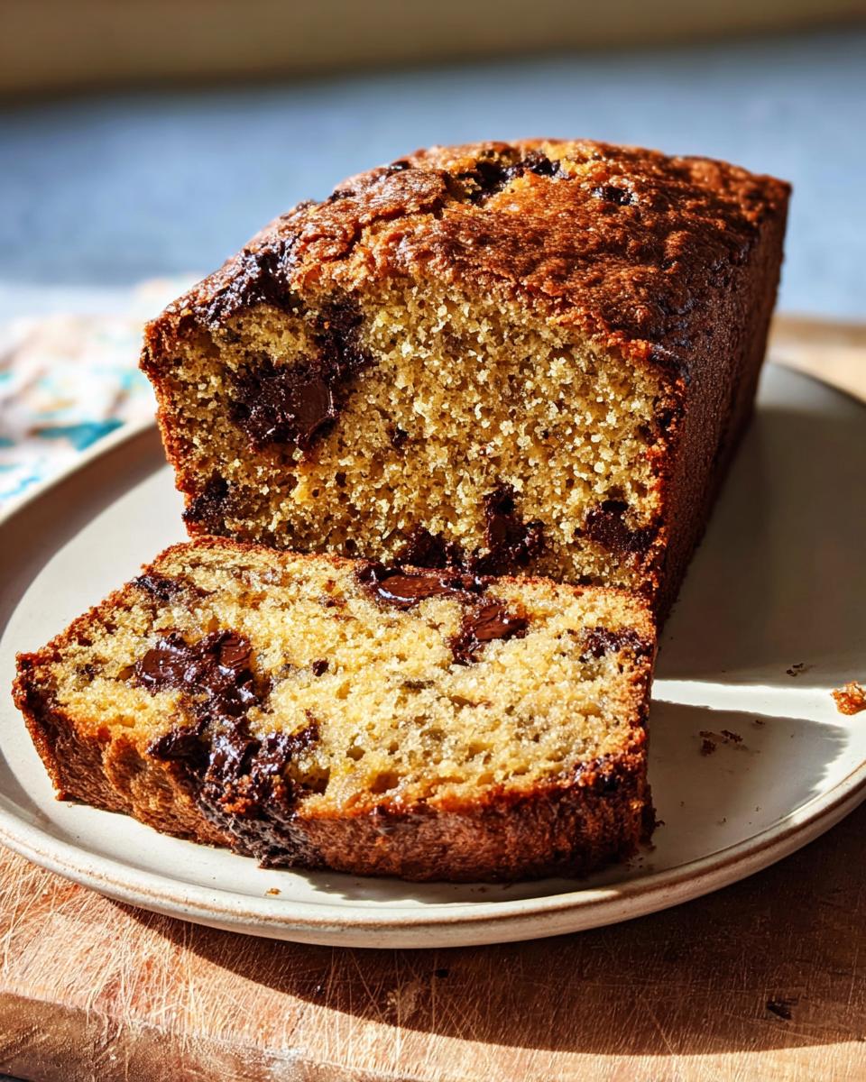 A loaf of moist Chocolate Chunk Banana Bread, partially sliced on a plate, showing rich chocolate chunks.