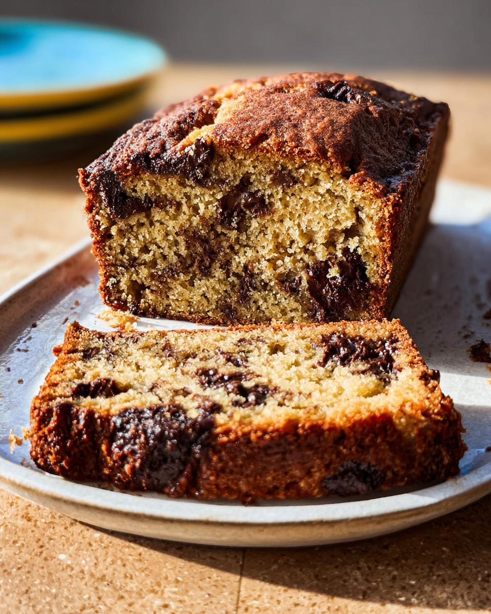 A loaf of moist Chocolate Chunk Banana Bread, partially sliced on a light-colored plate.