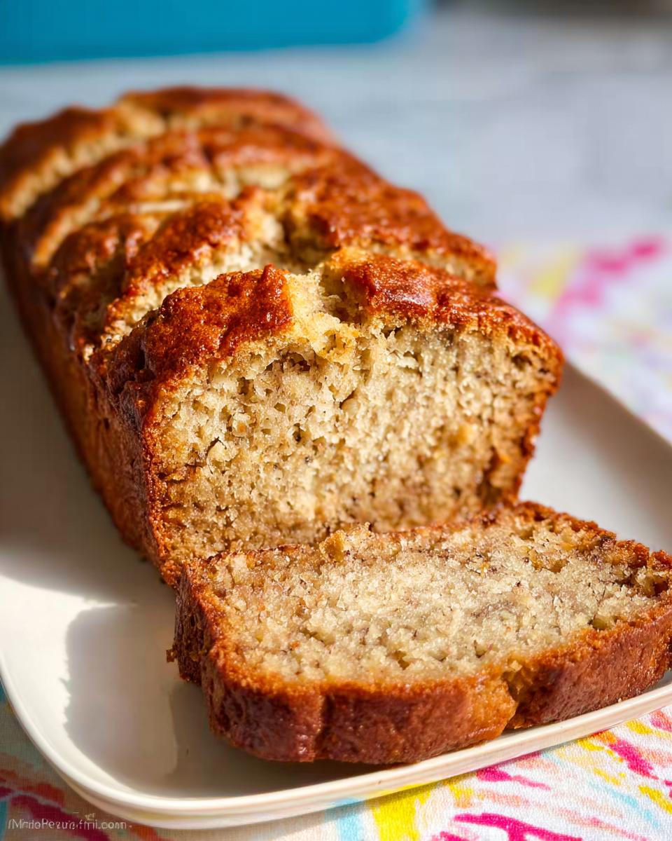 A loaf of moist Sour Cream Banana Bread, partially sliced on a white platter.