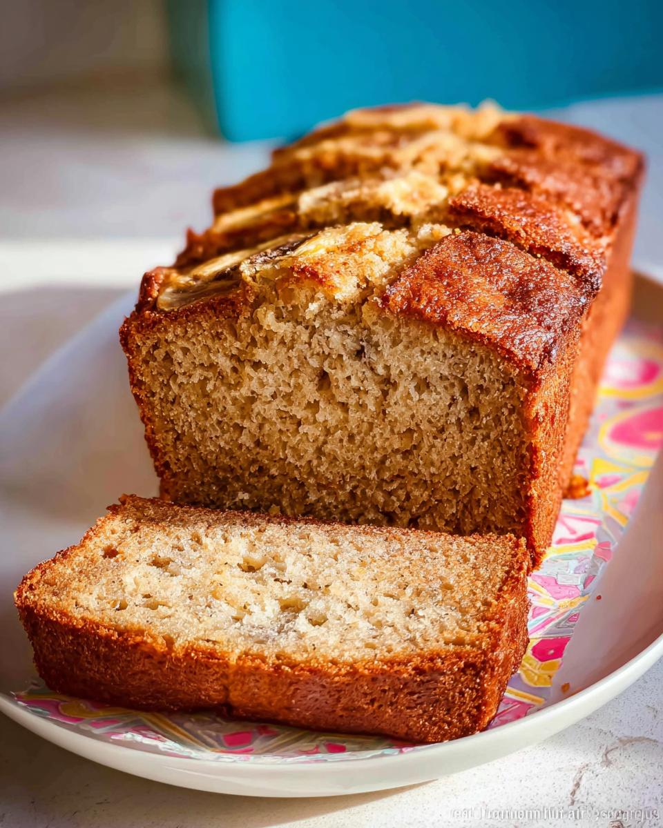 A loaf of moist Sour Cream Banana Bread, partially sliced, showing its golden brown crust and soft interior.