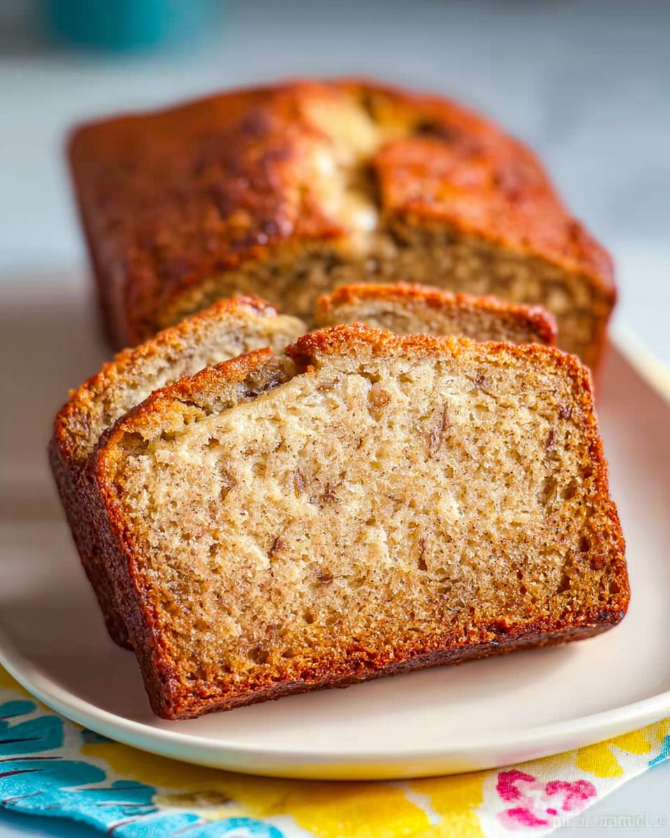 Close-up of moist slices of Sour Cream Banana Bread with a golden-brown crust on a plate.