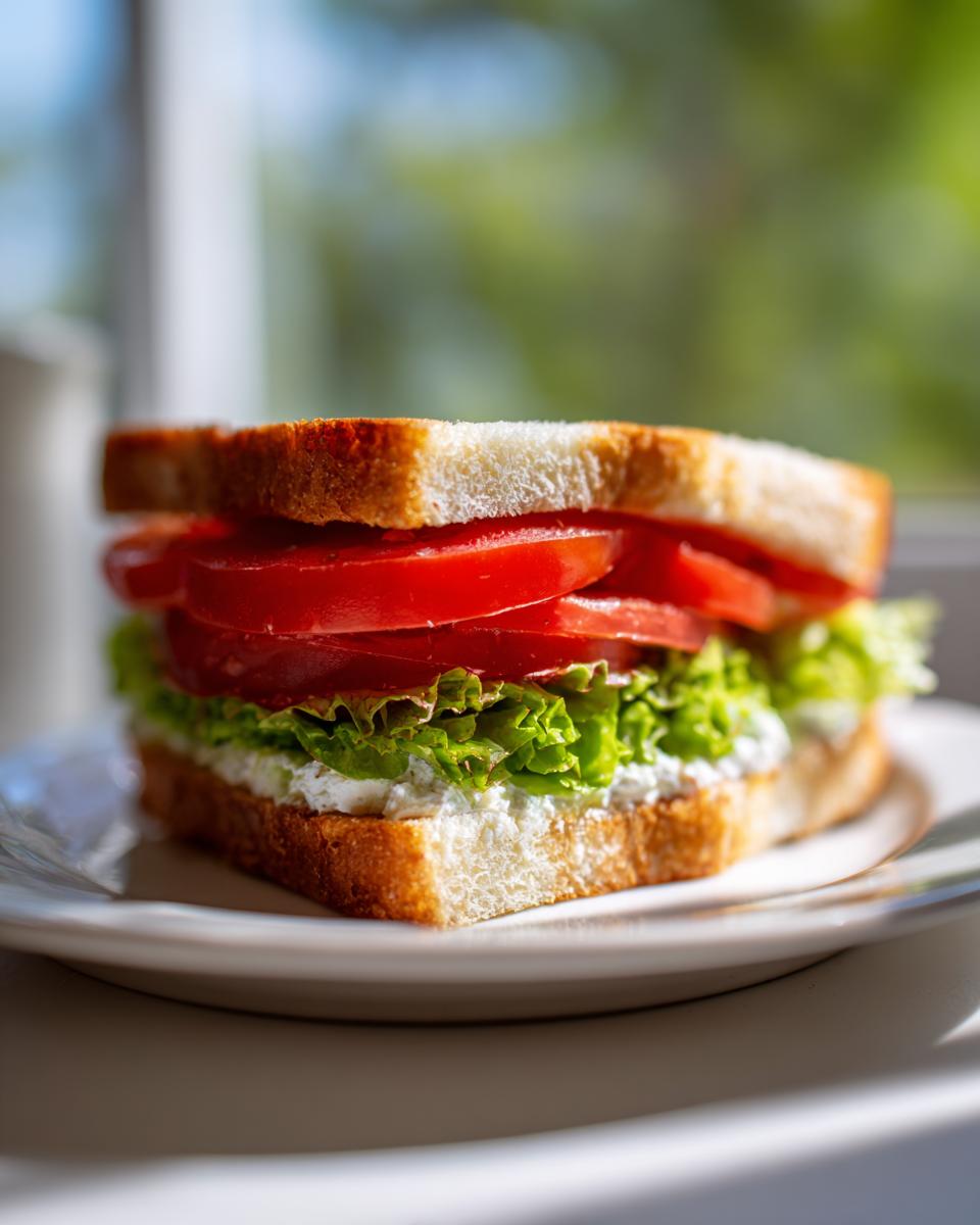 A close-up of a simple Morning Toast Sandwich layered with white spread, crisp lettuce, and thick tomato slices on toasted bread.
