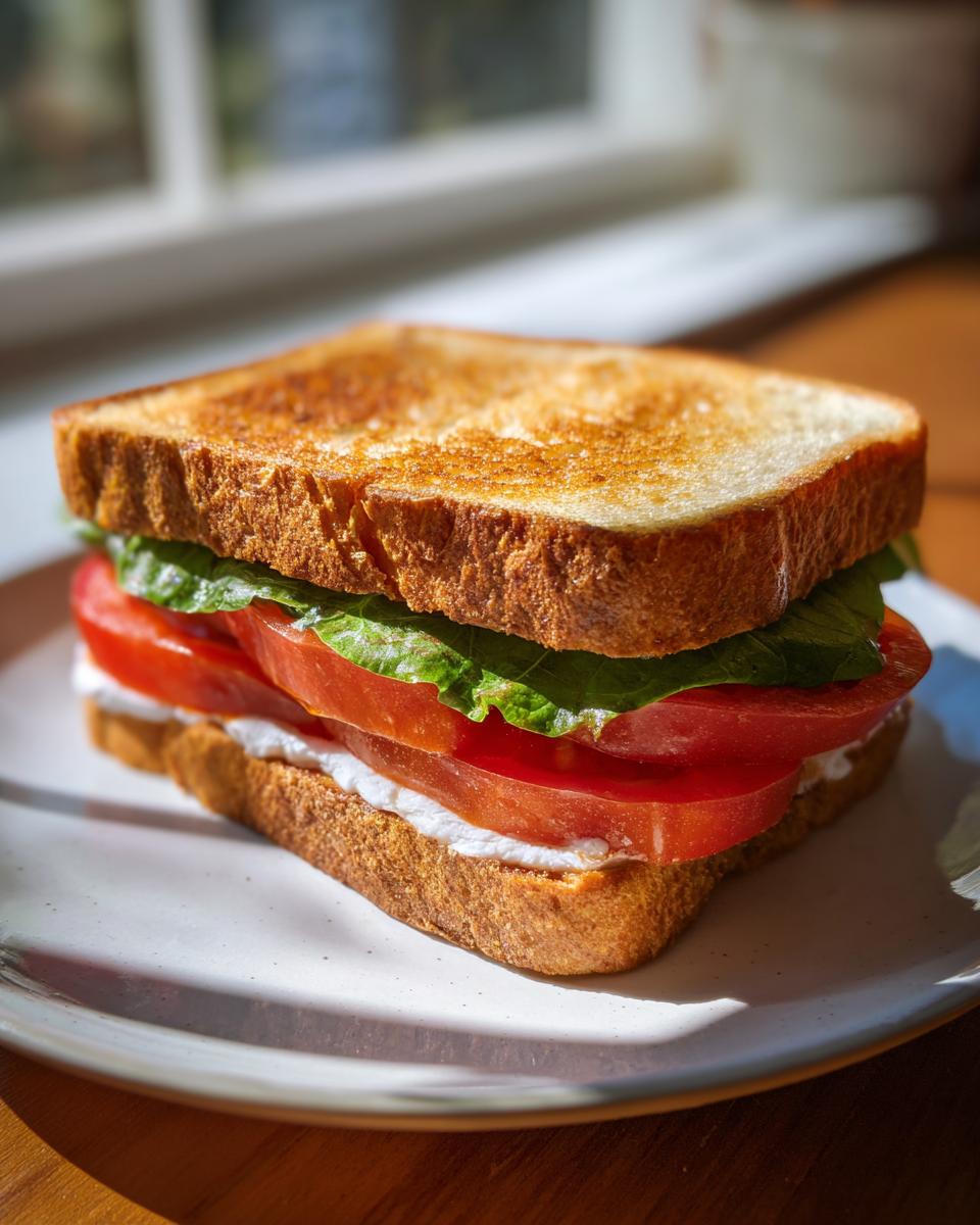 A delicious Morning Toast Sandwich featuring toasted bread, cream cheese, thick tomato slices, and lettuce.