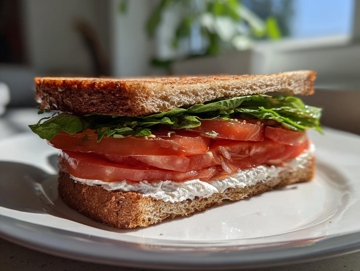 A vibrant Morning Toast Sandwich featuring toasted whole-grain bread, cream cheese, thick tomato slices, and lettuce.