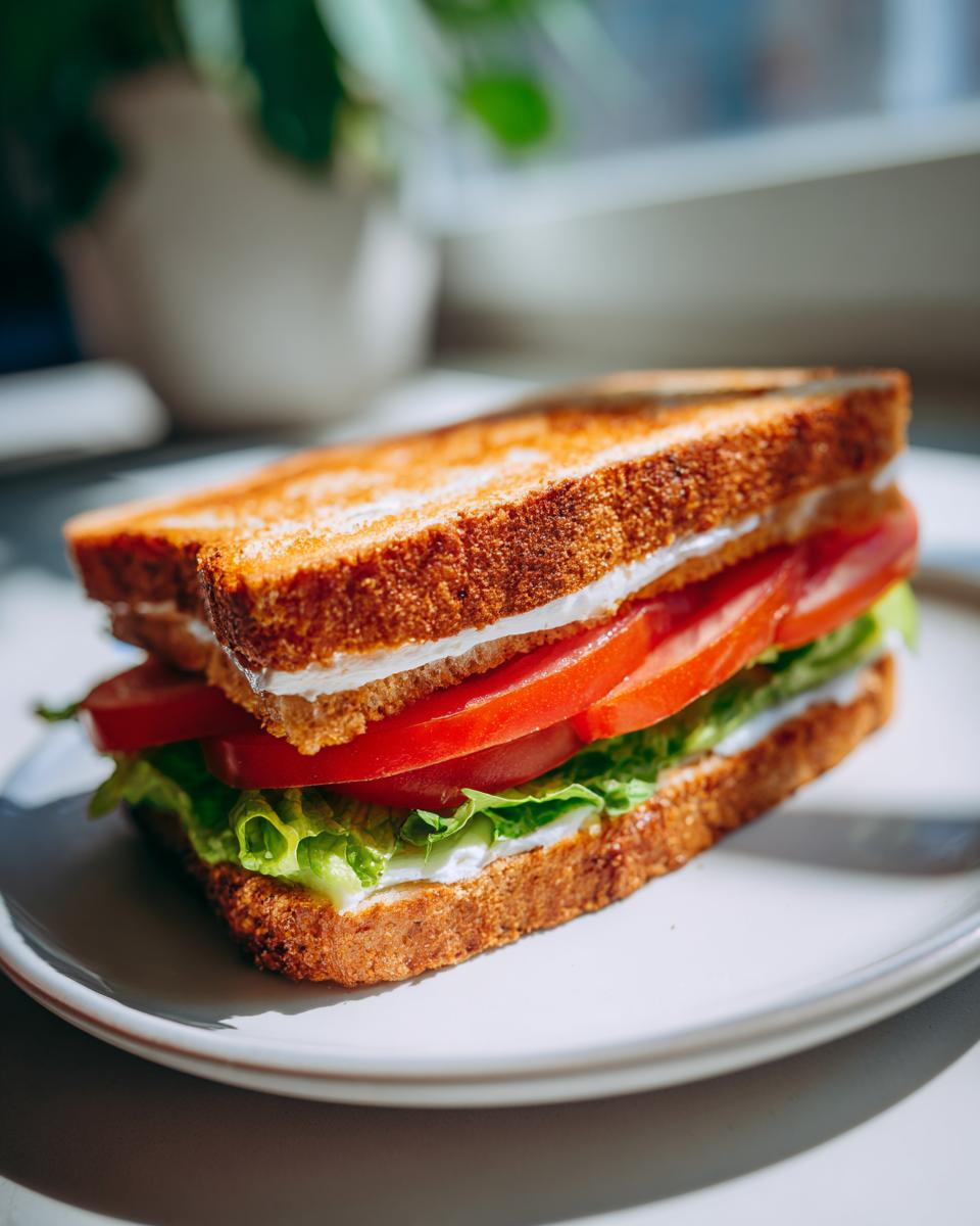 A delicious Morning Toast Sandwich layered with crisp lettuce, sliced red tomatoes, and creamy spread on toasted bread.