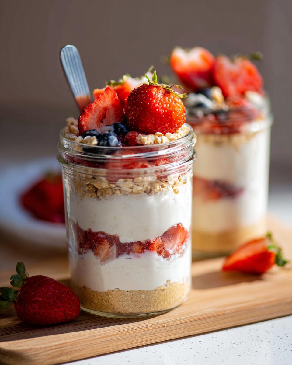 Close-up of a layered High-Protein Cheesecake Jar topped with fresh strawberries and blueberries.