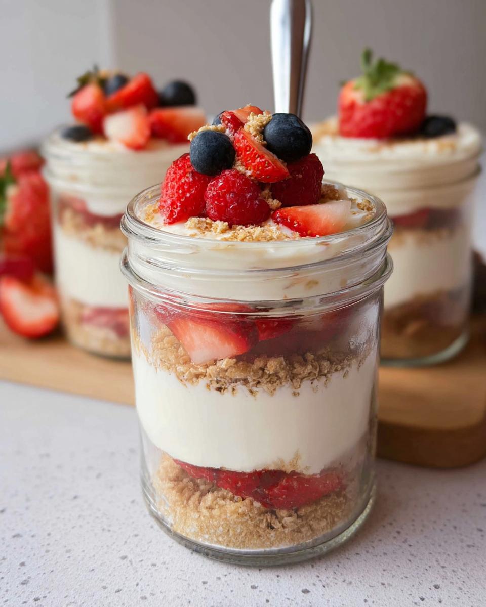 A close-up of a layered High-Protein Cheesecake Jar topped with fresh strawberries, blueberries, and raspberries.