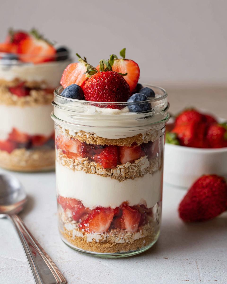 Close-up of a layered High-Protein Cheesecake Jar topped with fresh strawberries and blueberries.