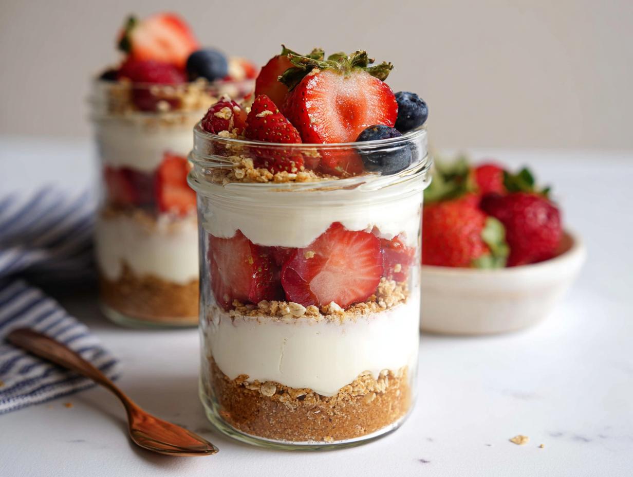 Close-up of a layered High-Protein Cheesecake Jar dessert topped with fresh strawberries and blueberries.