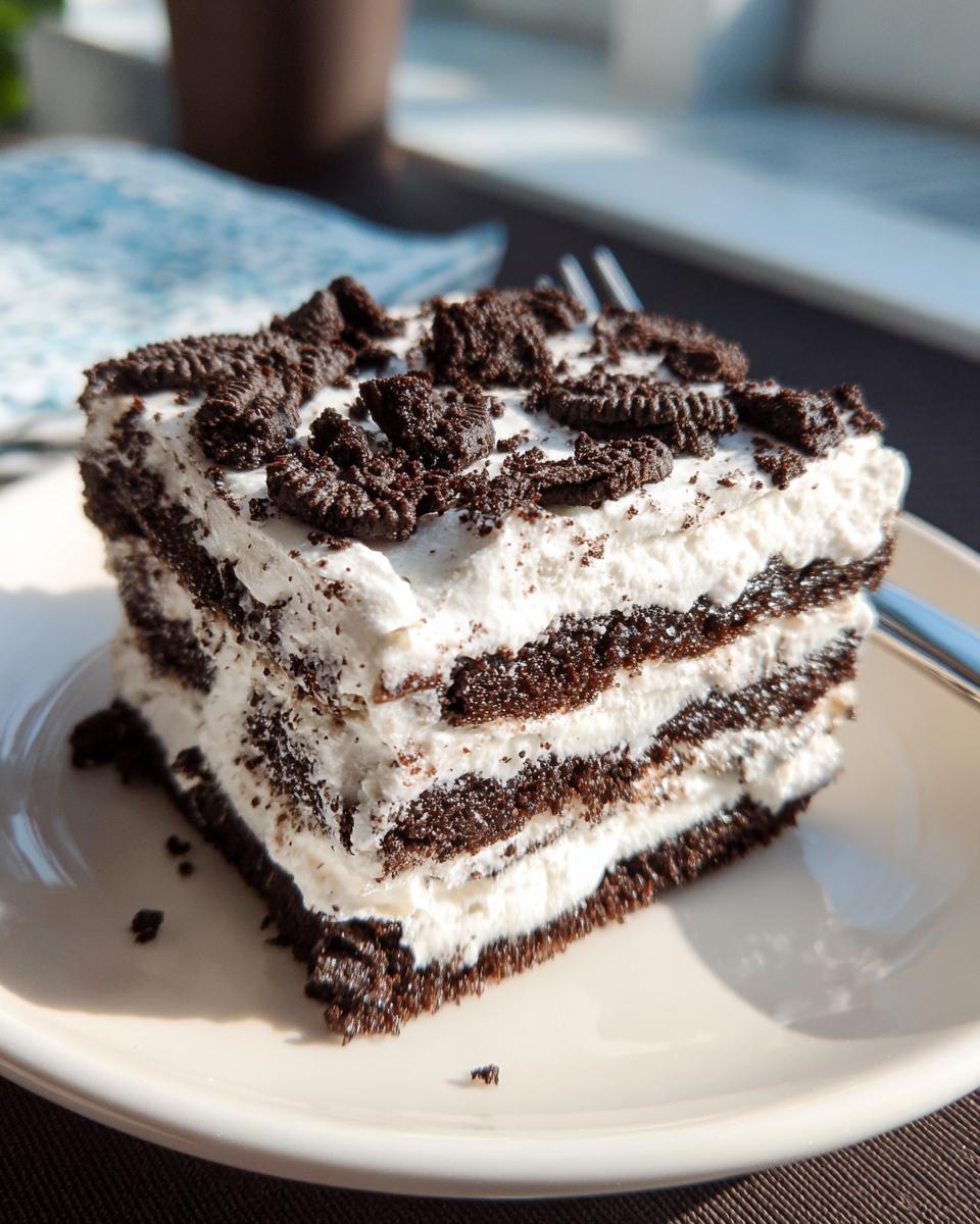 A square slice of No-Bake Oreo Icebox Cake showing layers of dark chocolate cookies and white cream, topped with crushed Oreos.