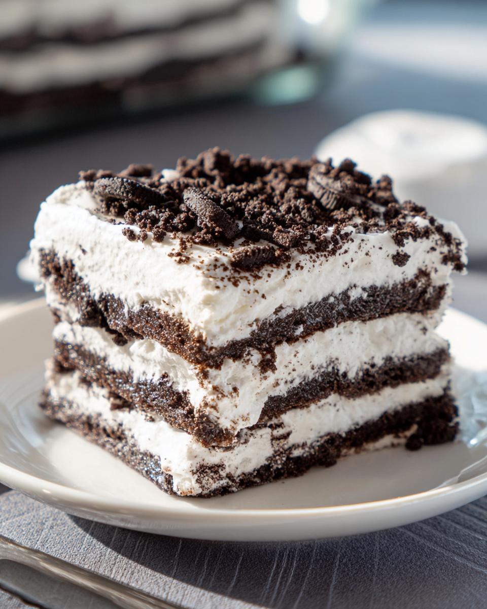 A perfect square slice of No-Bake Oreo Icebox Cake layered with cream and dark chocolate cookies.