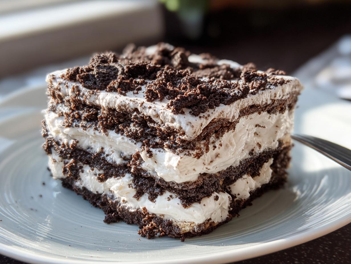 A close-up slice of No-Bake Oreo Icebox Cake showing layers of whipped cream and crushed chocolate cookies.