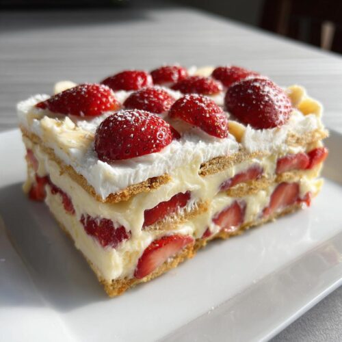 A layered slice of No-Bake Strawberry Banana Dessert featuring graham crackers, cream filling, and fresh strawberries.