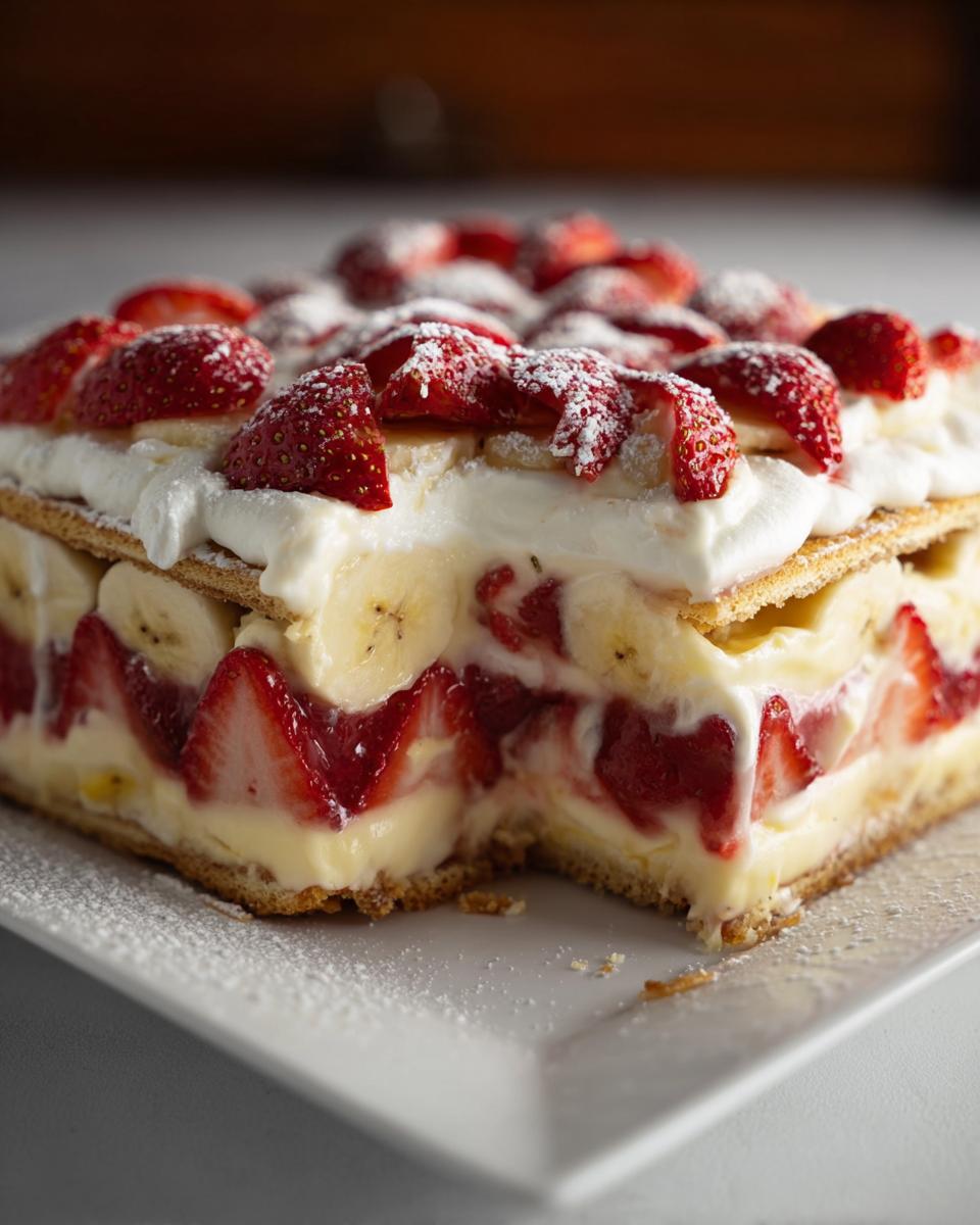 A decadent slice of No-Bake Strawberry Banana Dessert layered with cream, bananas, strawberries, and dusted with powdered sugar.
