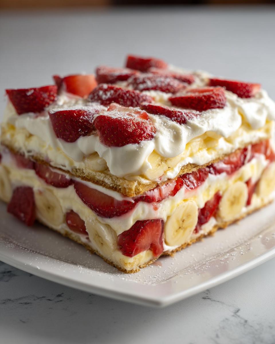Close-up of a layered No-Bake Strawberry Banana Dessert featuring cream, sliced strawberries, and bananas.