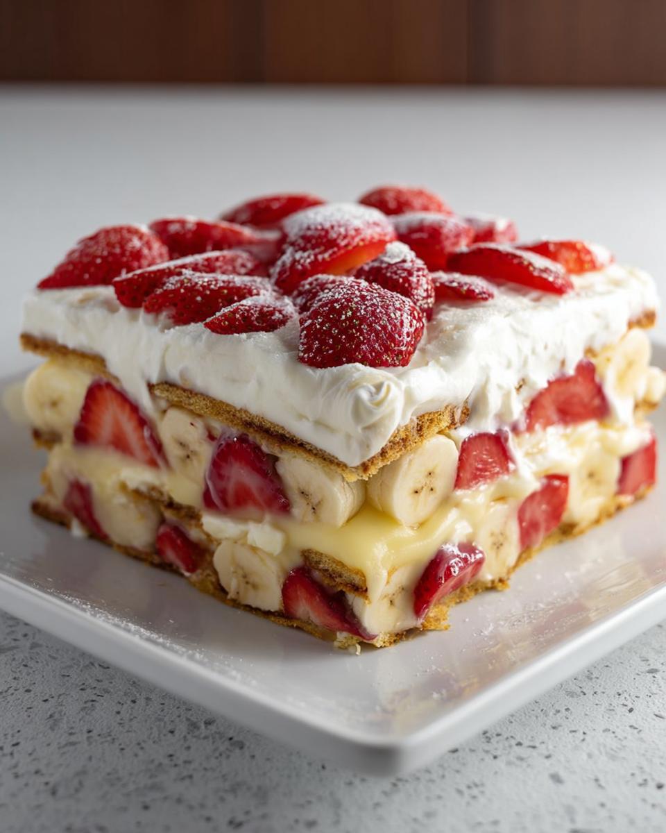 A layered slice of No-Bake Strawberry Banana Dessert featuring graham crackers, bananas, strawberries, custard, and whipped cream.