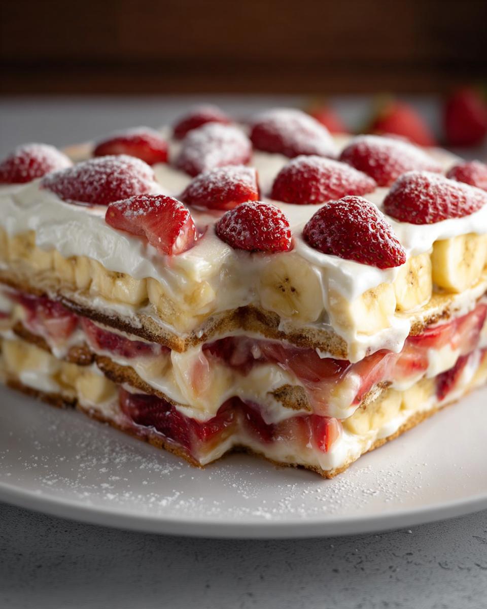 A close-up of a layered No-Bake Strawberry Banana Dessert slice topped with whipped cream and fresh strawberries.