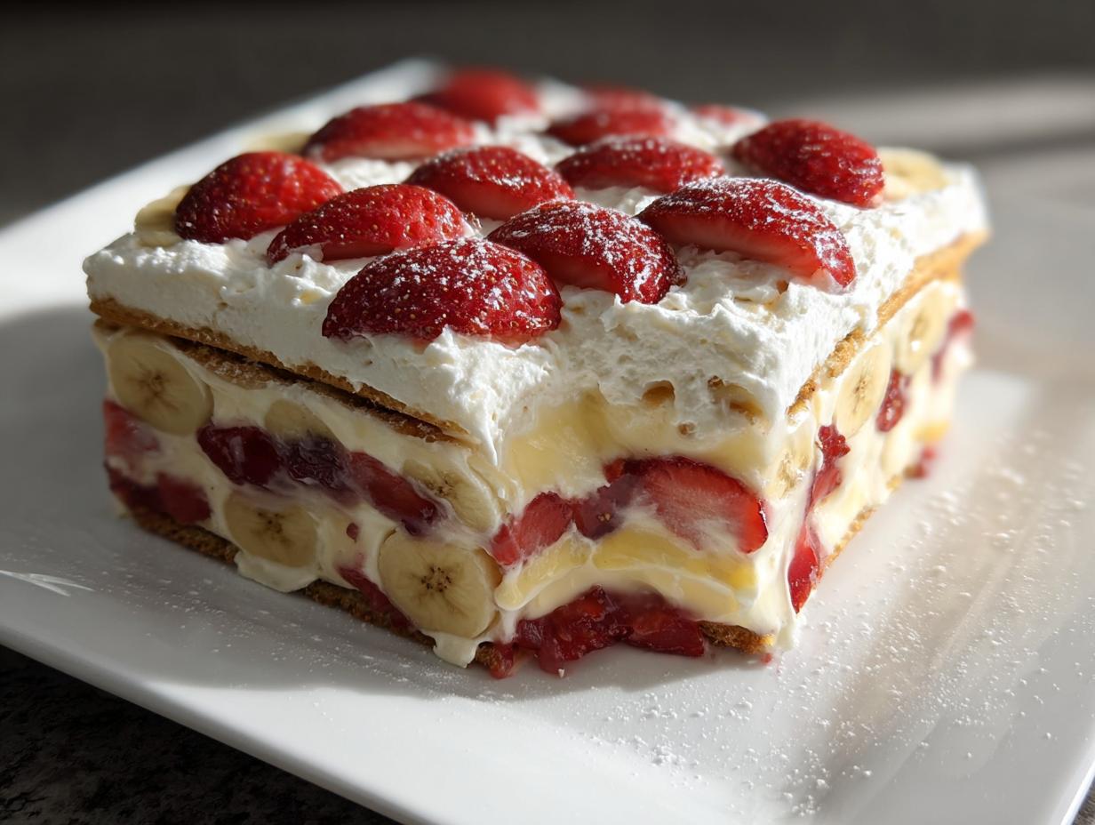 A layered slice of No-Bake Strawberry Banana Dessert featuring cream, custard, strawberries, and bananas.
