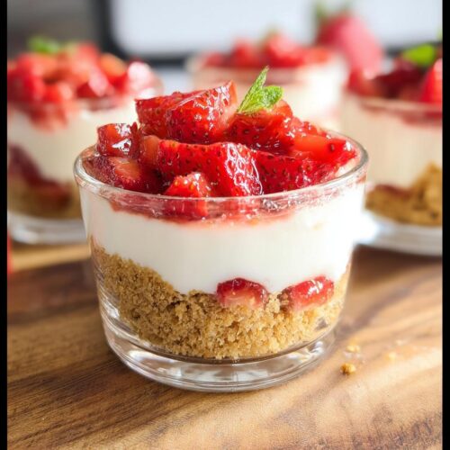 Close-up of a No-Bake Strawberry Cheesecake Cups layered with graham cracker crust, creamy filling, and fresh strawberries.