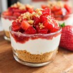 A close-up of a layered No-Bake Strawberry Cheesecake Cup featuring a graham cracker crust, creamy filling, and strawberry topping.