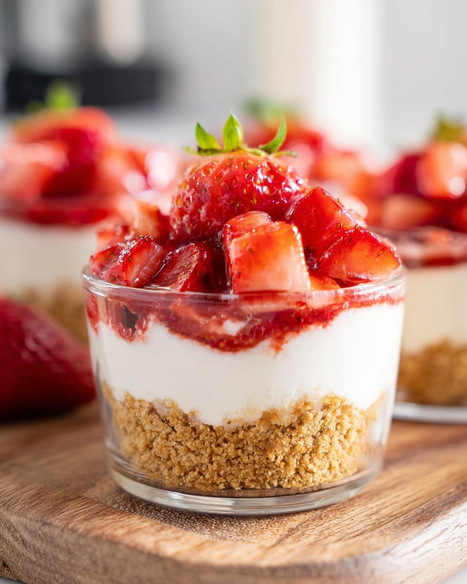 A close-up of a No-Bake Strawberry Cheesecake Cup showing graham cracker crust, creamy filling, and fresh strawberries on top.