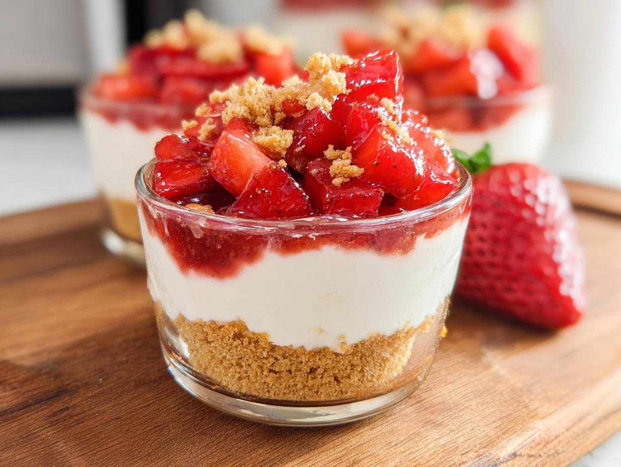 A close-up of a layered No-Bake Strawberry Cheesecake Cup featuring a graham cracker crust, creamy filling, and strawberry topping.