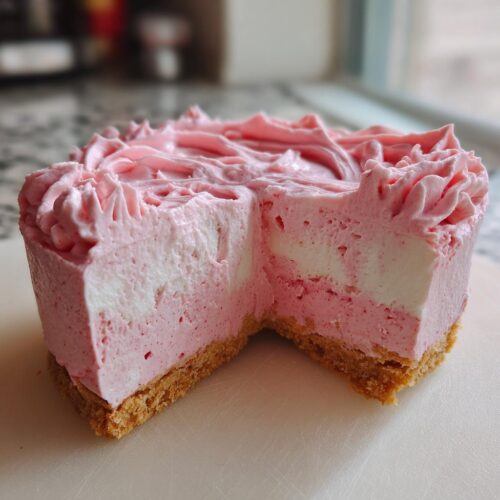 A slice removed from a No-Bake Strawberry Mousse Cake showing the graham cracker crust and pink and white mousse filling.