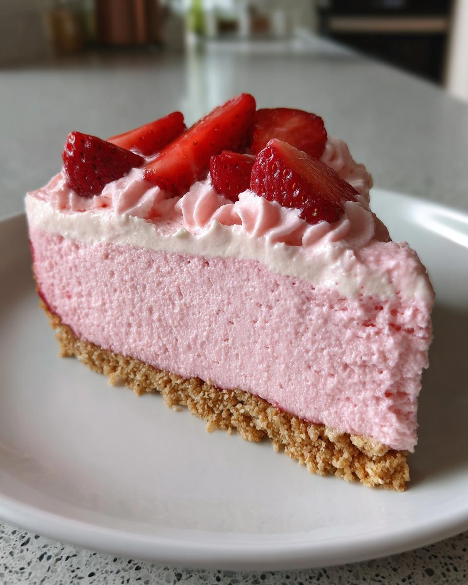 A close-up slice of No-Bake Strawberry Mousse Cake showing the pink mousse layer, graham cracker crust, and fresh strawberry topping.