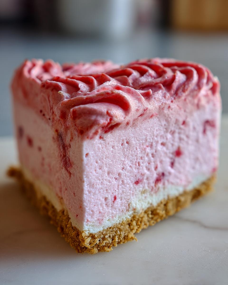 Close-up of a perfect slice of No-Bake Strawberry Mousse Cake showing the airy pink mousse and graham cracker crust.