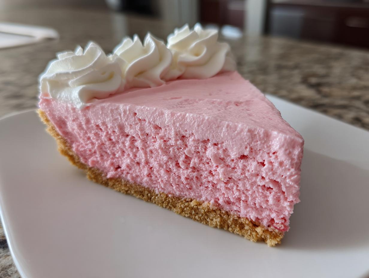 A close-up of a slice of pink No-Bake Strawberry Mousse Cake on a white plate, topped with whipped cream swirls.