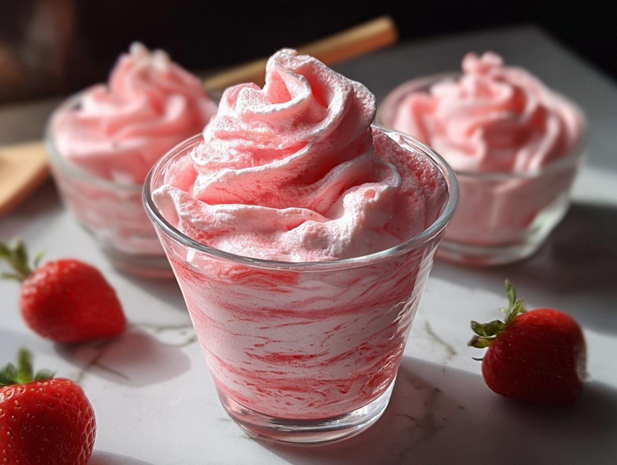 Close-up of a glass filled with swirled pink No-Bake Strawberry Mousse, topped with a piped swirl, garnished with fresh strawberries.