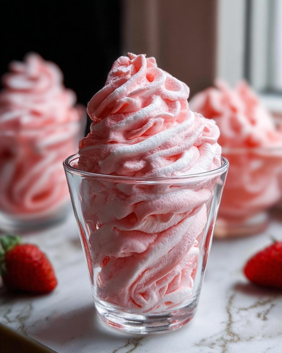 Close-up of light pink, swirled No-Bake Strawberry Mousse piped high in a small clear glass, with fresh strawberries nearby.