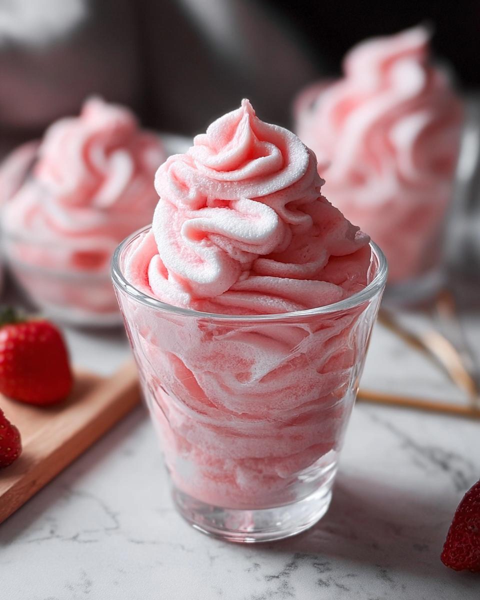 Close-up of light pink, fluffy No-Bake Strawberry Mousse piped high in a clear glass.