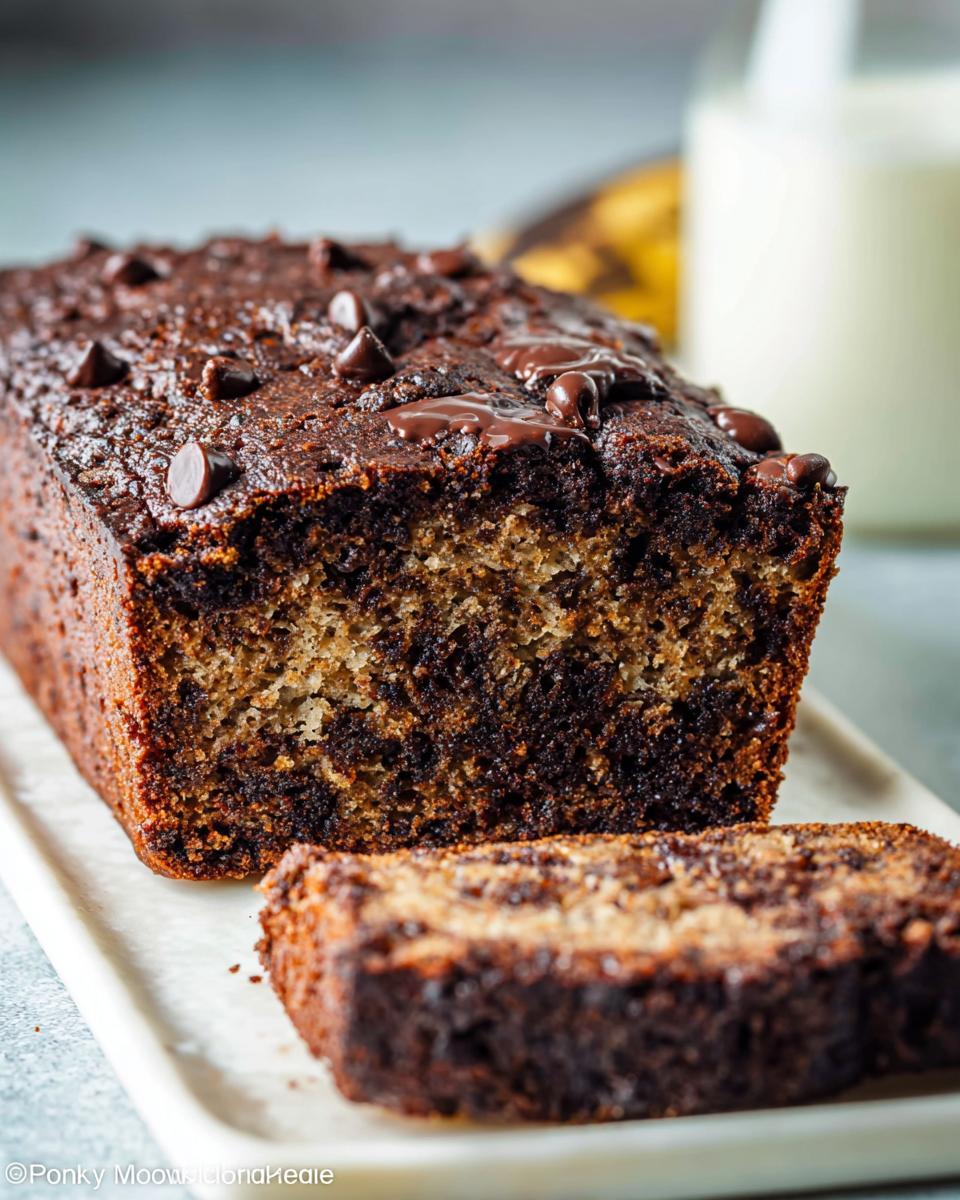 A moist loaf of No-Egg Chocolate Chip Banana Bread, sliced to show the marbled interior, topped with melted chocolate chips.