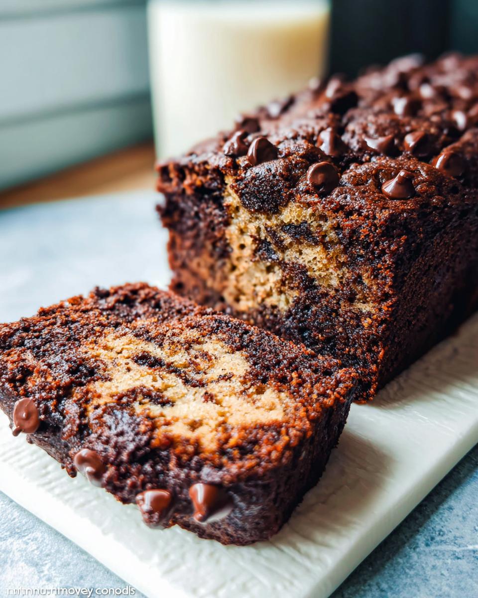 A sliced loaf of marbled No-Egg Chocolate Chip Banana Bread topped with melted chocolate chips, next to a glass of milk.
