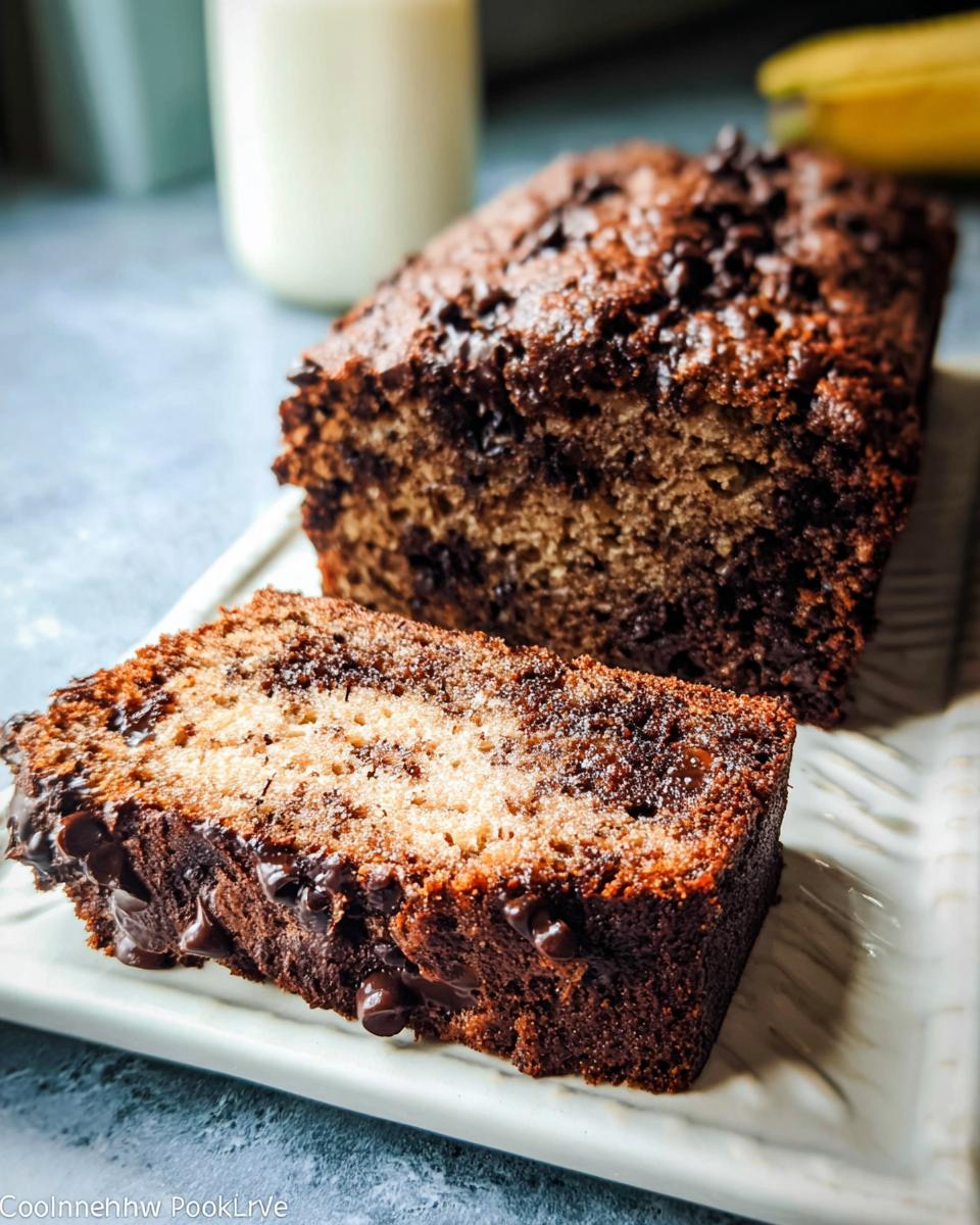 A thick slice of moist No-Egg Chocolate Chip Banana Bread next to the loaf, loaded with melted chocolate chips.