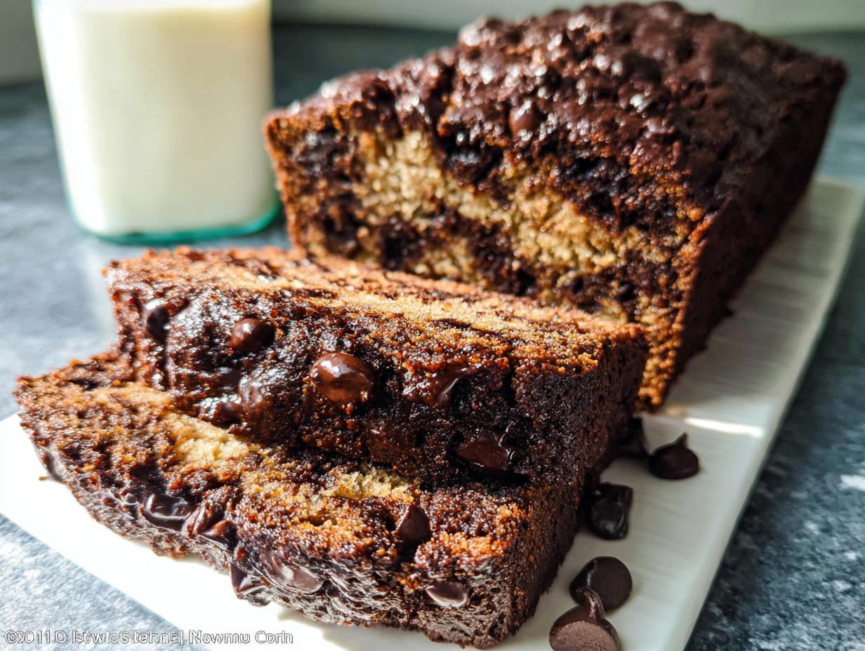 Two thick slices of rich No-Egg Chocolate Chip Banana Bread with melted chocolate chips, served next to the loaf.