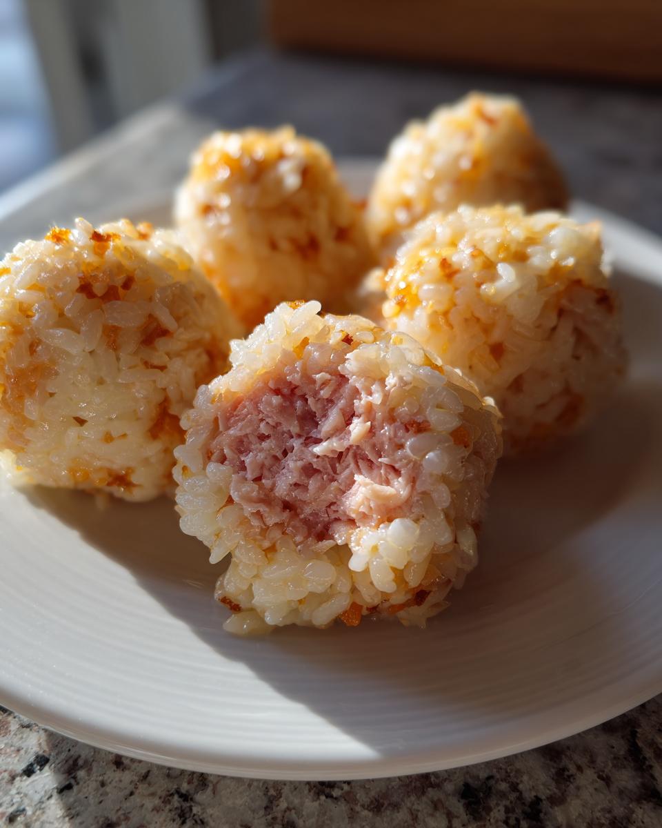 Close-up of several No-Roll Sushi Balls, one cut open to show a pink, shredded filling inside sticky rice.