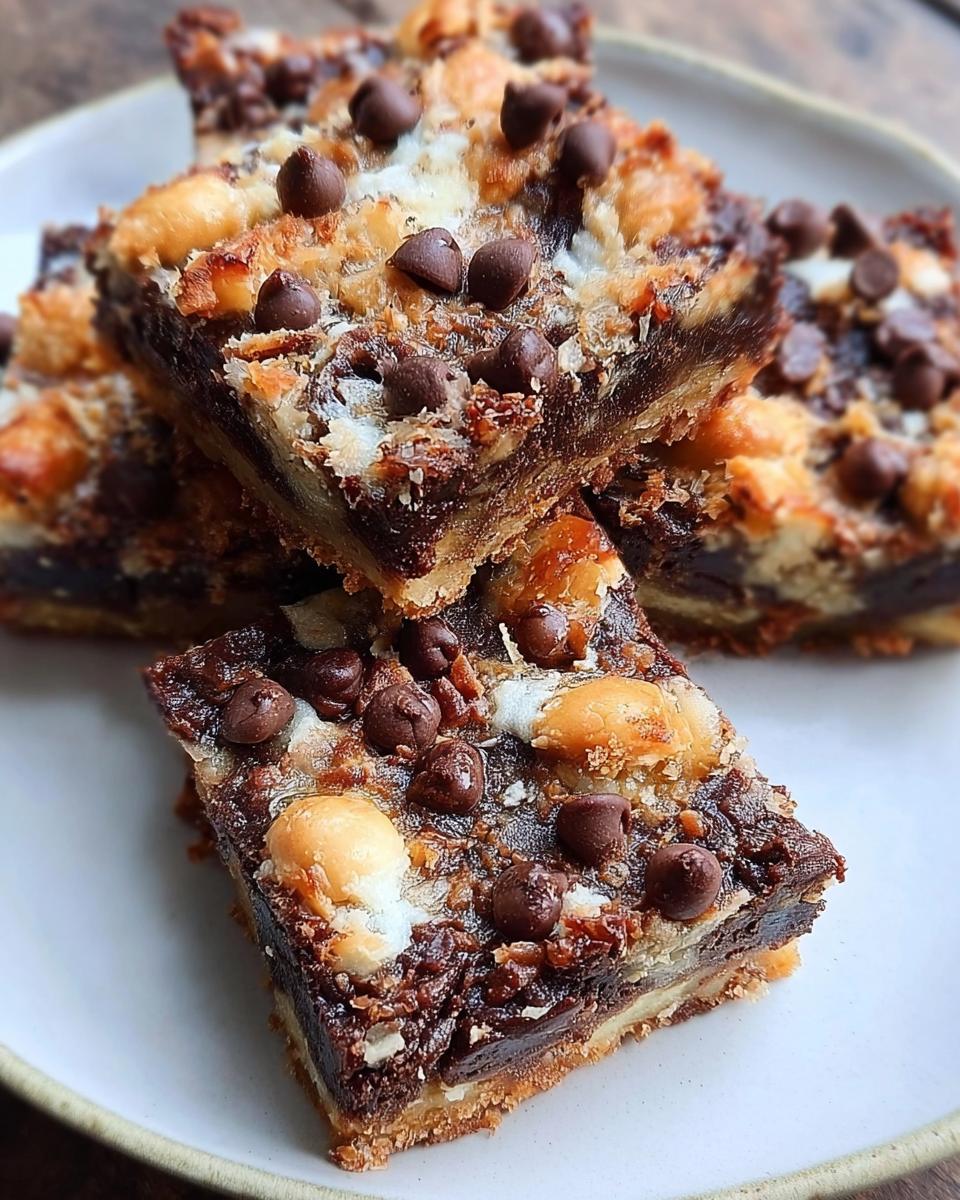 A stack of rich, gooey Nutella Magic Bars topped with chocolate chips, coconut, and nuts on a white plate.