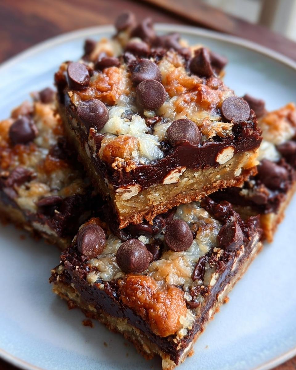 Close-up of stacked Nutella Magic Bars featuring a thick chocolate layer, coconut, and chocolate chips.