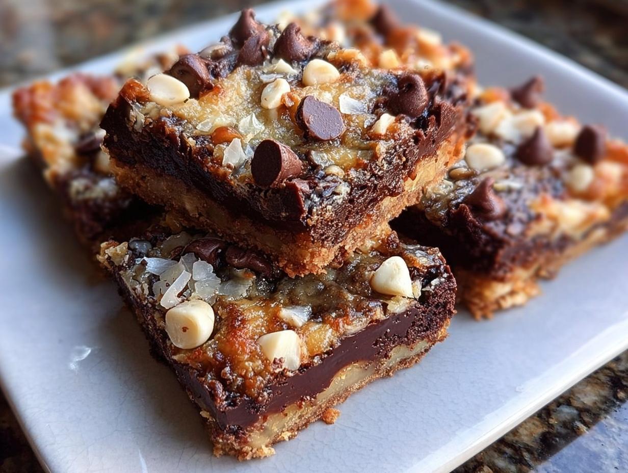 Close-up of stacked Nutella Magic Bars showing gooey chocolate layer, coconut, and chocolate chips on top.