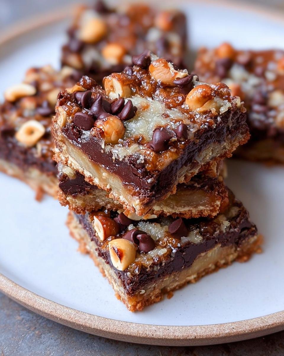 A stack of three rich Nutella Magic Bars topped with chocolate chips and hazelnuts on a white plate.