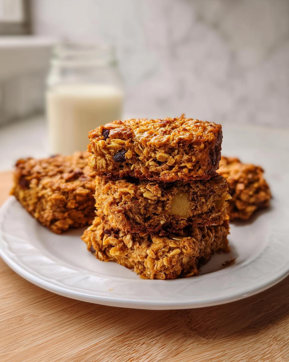 Stack of three baked oatmeal bars, perfect for Make-Ahead Breakfast for Busy Weeks, served on a white plate.